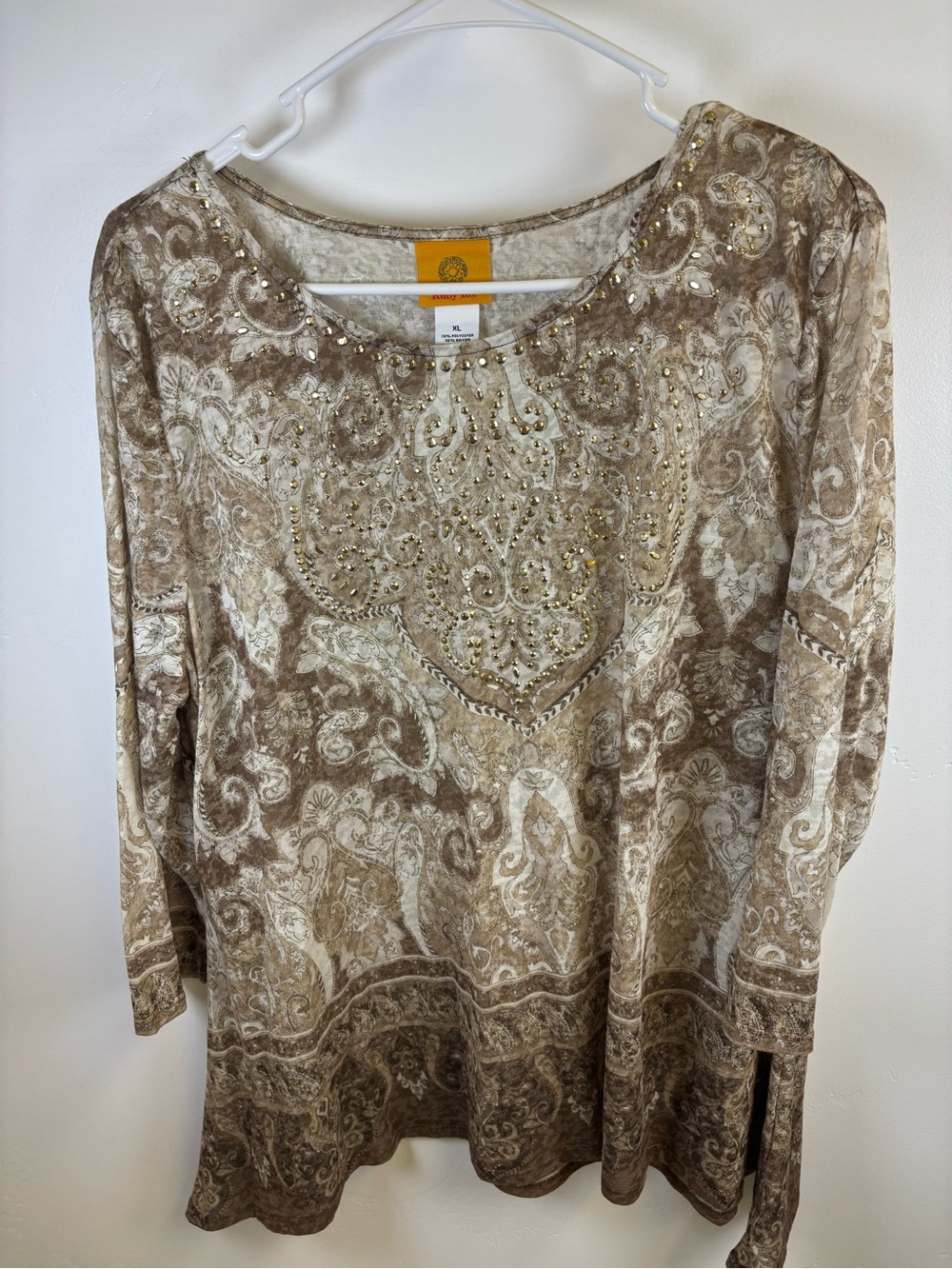 RUBY ROAD TUNIC TOP BLOUSE WOMEN XL  GOLD BEIGE WITH DECORATIVE BEADS